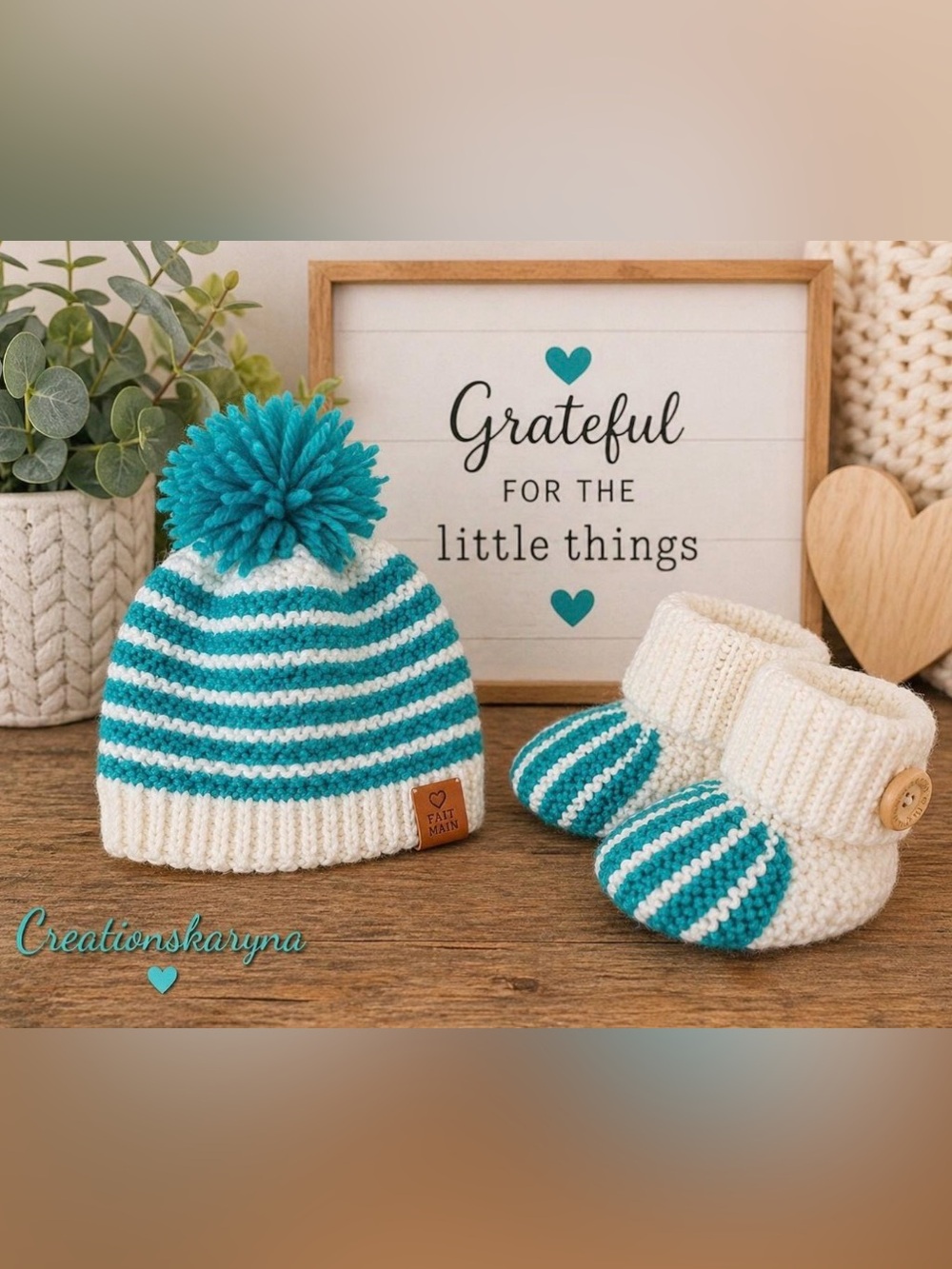Handmade baby Teal and White Striped Pom Beanie and Booties Set